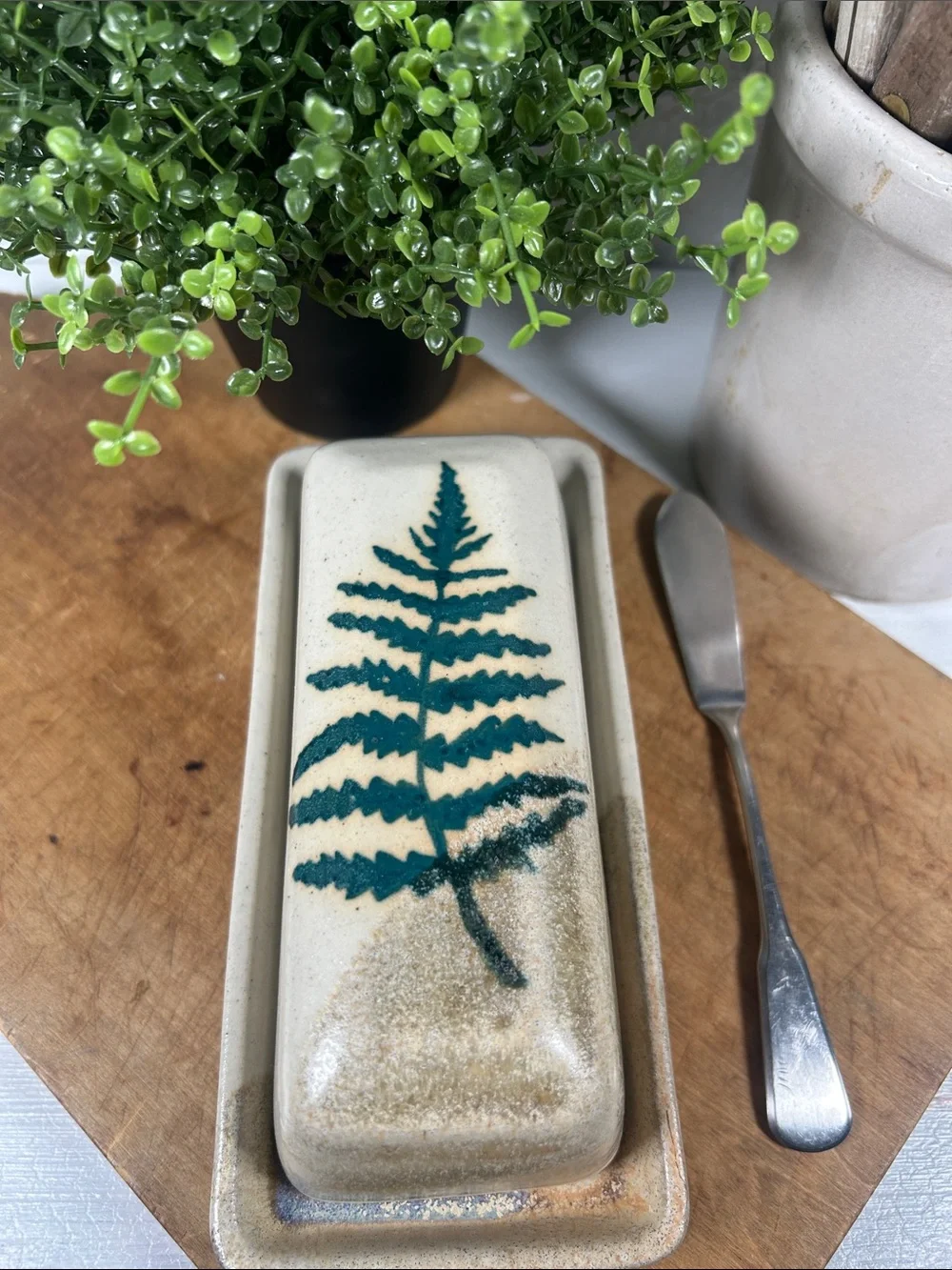 Stoneware Butter Dish Studio Pottery Handmade w/ Green Fern Motif Artist Signed